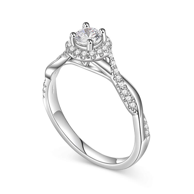 Jeulia Anillo de Compromiso Redondo Halo Plata Esterlina Diseño Torcido