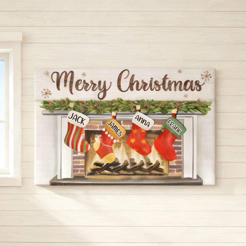 Personalized Name Canvas Wall Art with Christmas Stockings Pattern Funny Gift for Family