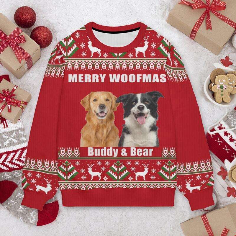 Maglione brutto personalizzato unisex Merry Woofmas con foto personalizzate del tuo cane design carino regalo di Natale per gli amanti degli animali domestici