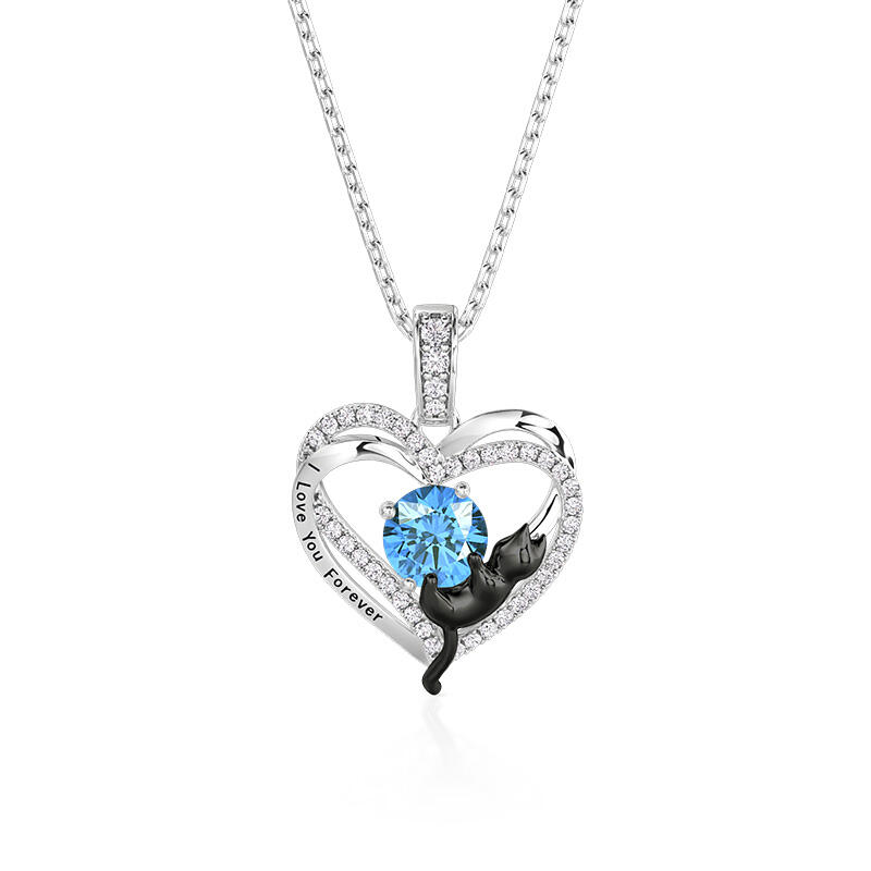 Jeulia Custom Black Cat Double Heart Necklace With Birthstone