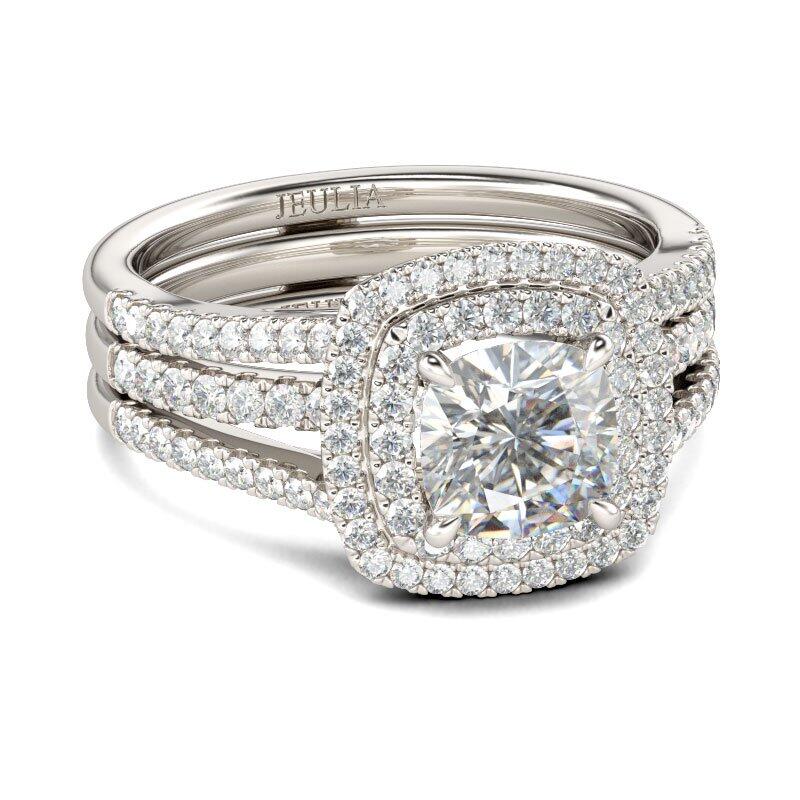 Jeulia dubbele Halo kussen gesneden sterling zilveren ringset