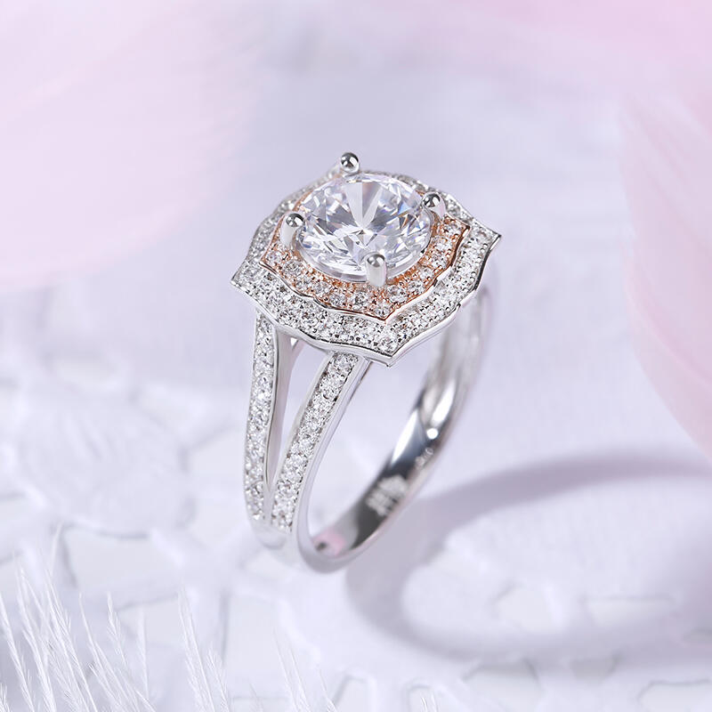 Jeulia Anillo de plata esterlina con halo redondo de dos tonos