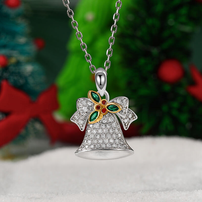 Jeulia Jingle Bells with Christmas Holly Sterling Silver Necklace