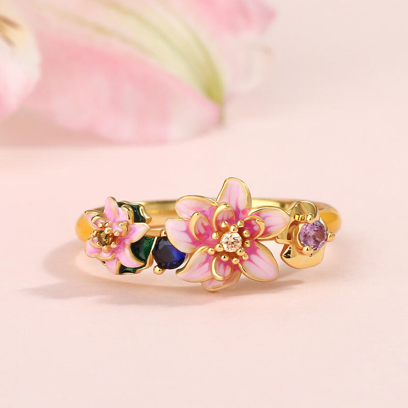 Jeulia "Tenderness in The Pond" Water Lilies Inspired Enamel Sterling Silver Ring