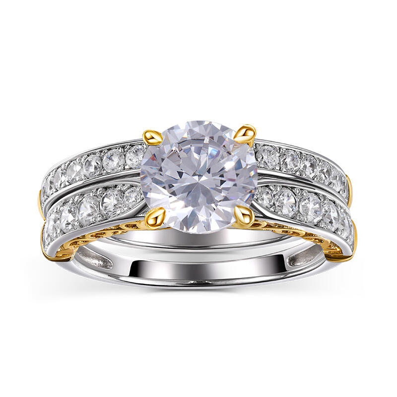 Jeulia Vintage Two Tone Scrollwork Round Cut Sterling Silver Ring Set