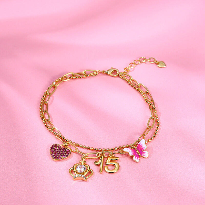 Jeulia "Shinning Day" Quinceañera 15th Enamel Charm Sterling Silver Bracelet