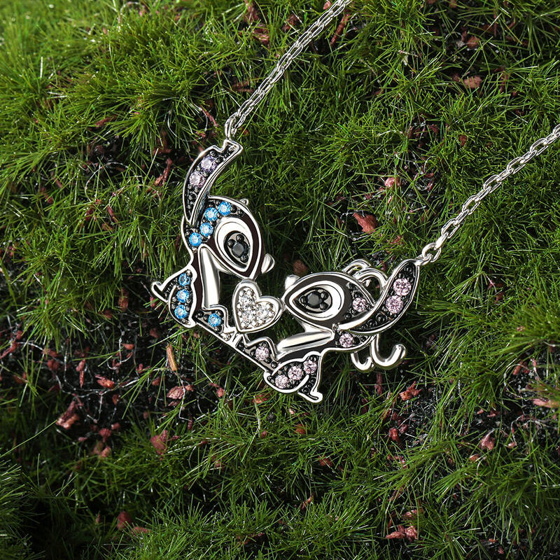 Jeulia "Heart to Heart" Couple of Little Monster Necklace Sterling Silver
