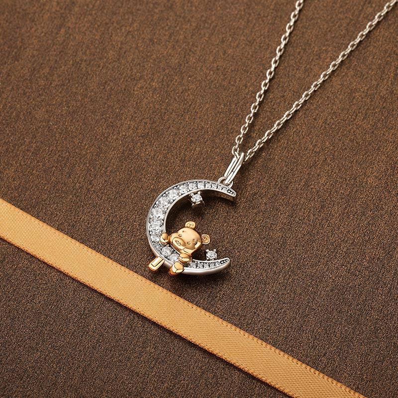 Jeulia Collar con Oso de Dibujos Animados Luna y Estrella en Plata