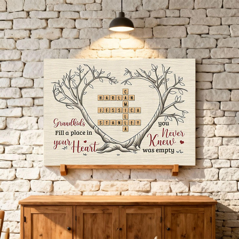 Personlig väggdekoration i canvas med namn och korsord samt träd Bästa presenten till mor- och farföräldrar