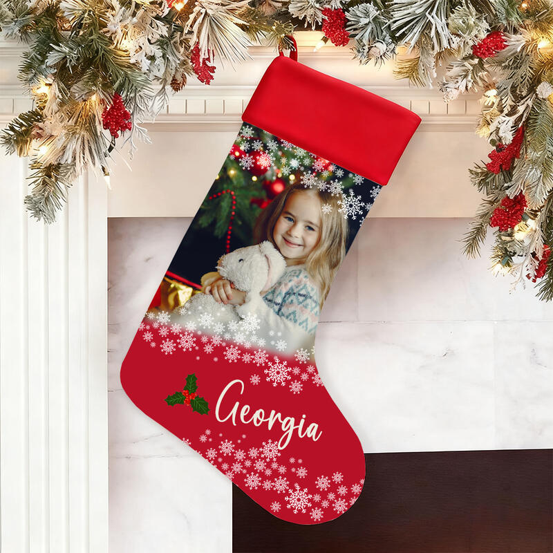 Personalisierte Weihnachtsstrümpfe mit Namen Foto und Schneeflocke Geschenk für Kinder