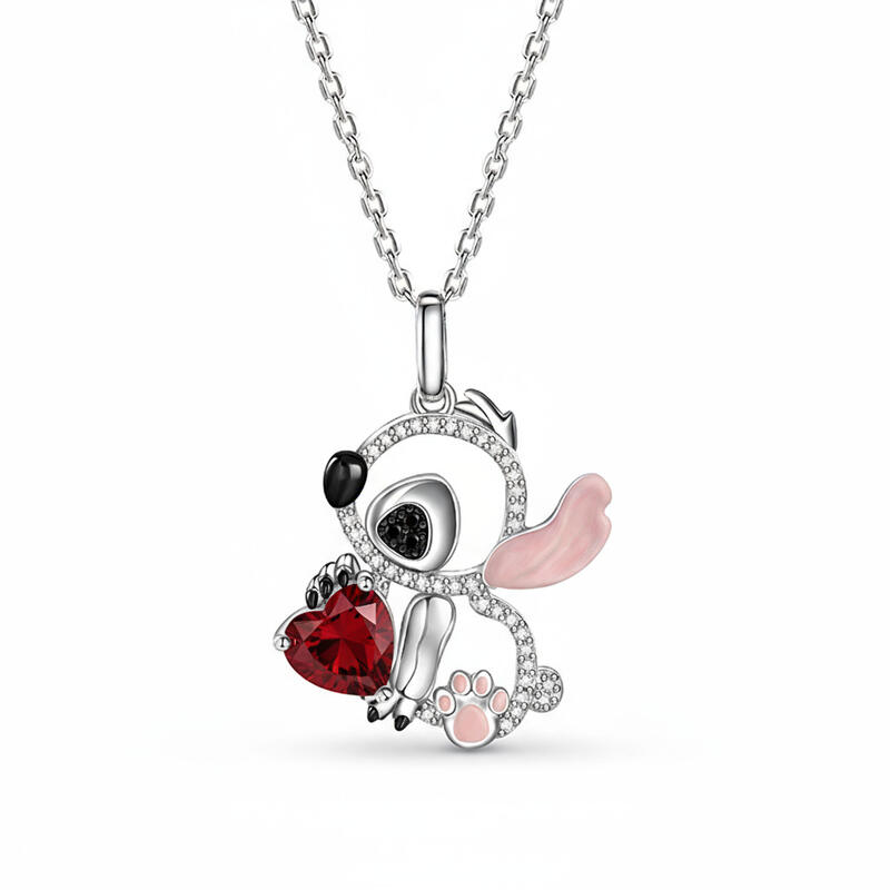 Jeulia Hug Me "Little Monster" Pink Ear Heart Cut Personalized Sterling Silver Necklace