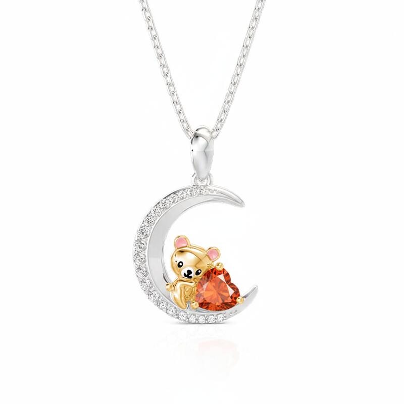 Jeulia Hug Me Custom Teddy Bear Moon Necklace With Birthstone
