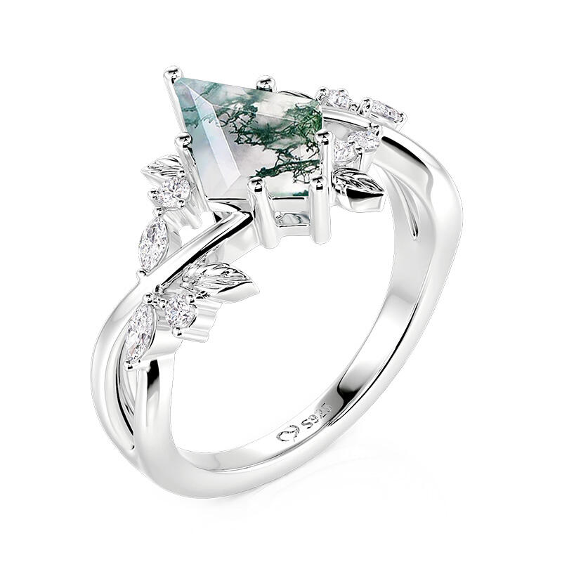 Jeulia Leaf Kite Cut Moss Agate Engagement Ring