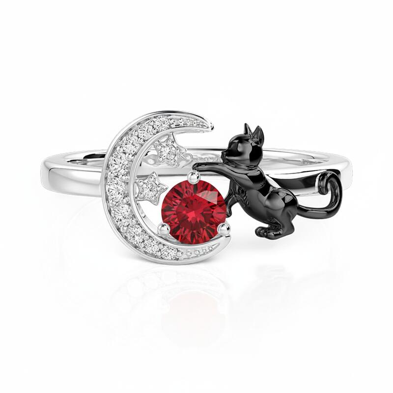 Jeulia Custom Black Cat Moon and Star Ring With Birthstone