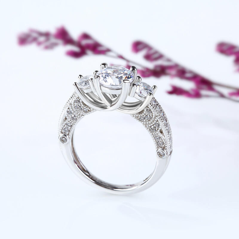 Jeulia Milgrain Three Stone Round Cut Sterling Silver Ring