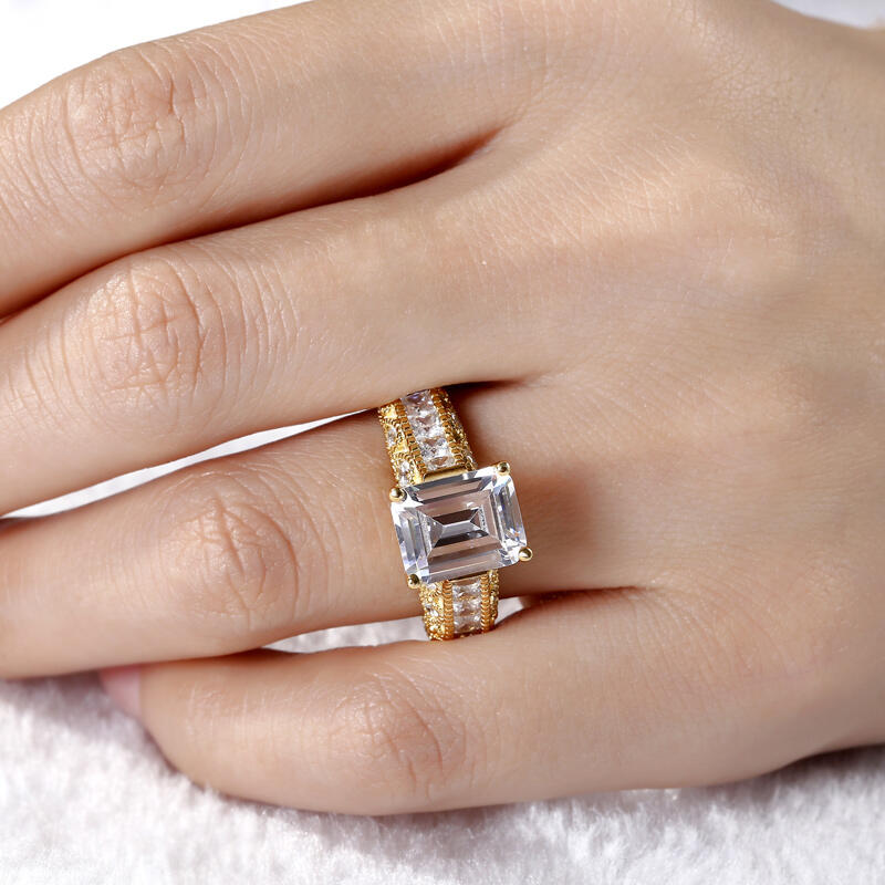 Jeulia Gold Tone Emerald Cut Sterling Silver Ring