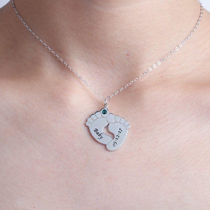 "Mon Bébé" Collier Pieds de Bébé Personnalisé avec Pierre de Naissance