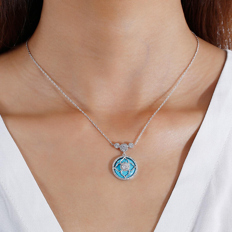 Jeulia "Lucky Choice" Flower Turquoise Sterling Silver Necklace