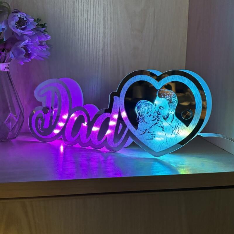 カスタムイズ 写真入り ハート ミラー 発光 ライト 壁掛け 屋内装飾 リモコン付き 壁フック付き お父さんへのプレゼント