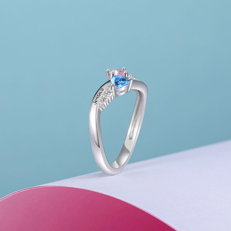 Jeulia Unique Custom Double Heart Ring With Birthstone and Engraving
