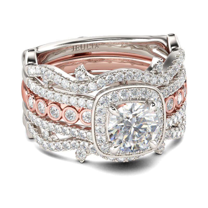 Jeulia Interchangeable Two Tone Halo Round Cut Sterling Silver Ring Set