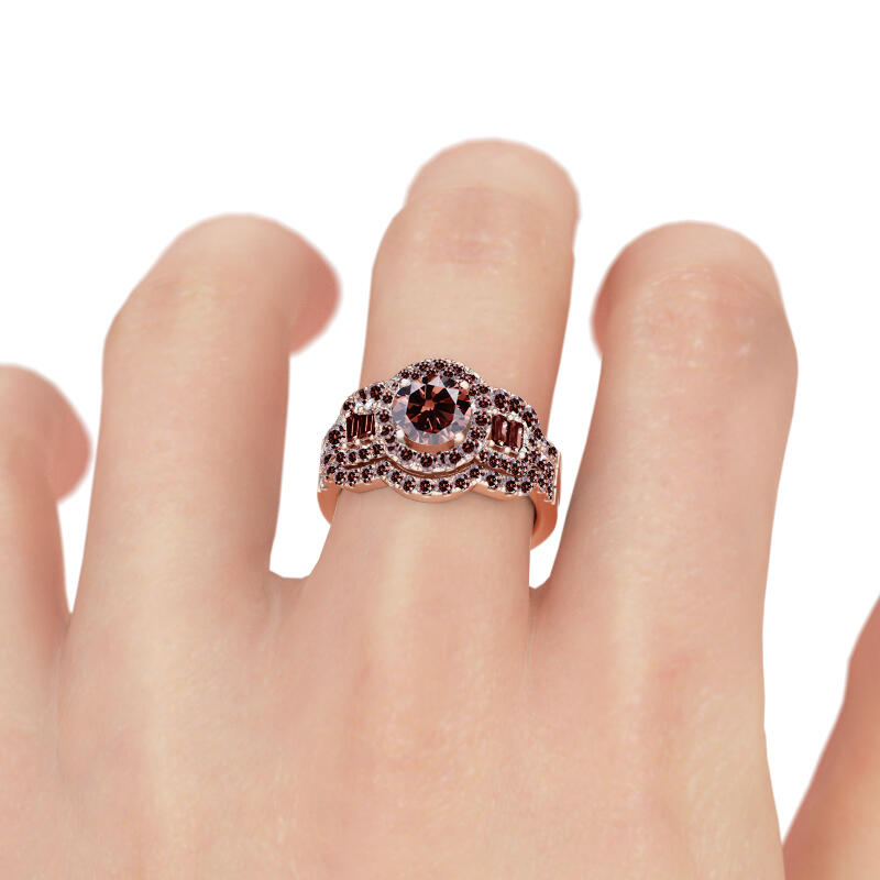 Jeulia Juego de anillos de plata de ley con corte redondo Halo