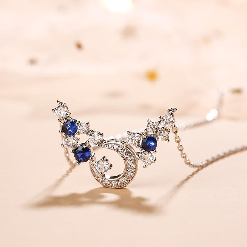 Jeulia "Light of Starry Sky" Moon Design Round Cut Sterling Silver Necklace