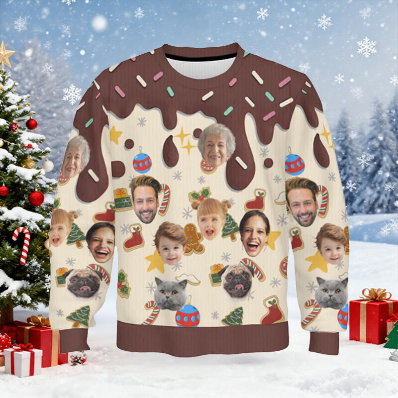 Suéter feo personalizado unisex con foto de cara personalizada, estilo postre, diseño divertido, regalo de Navidad para la familia