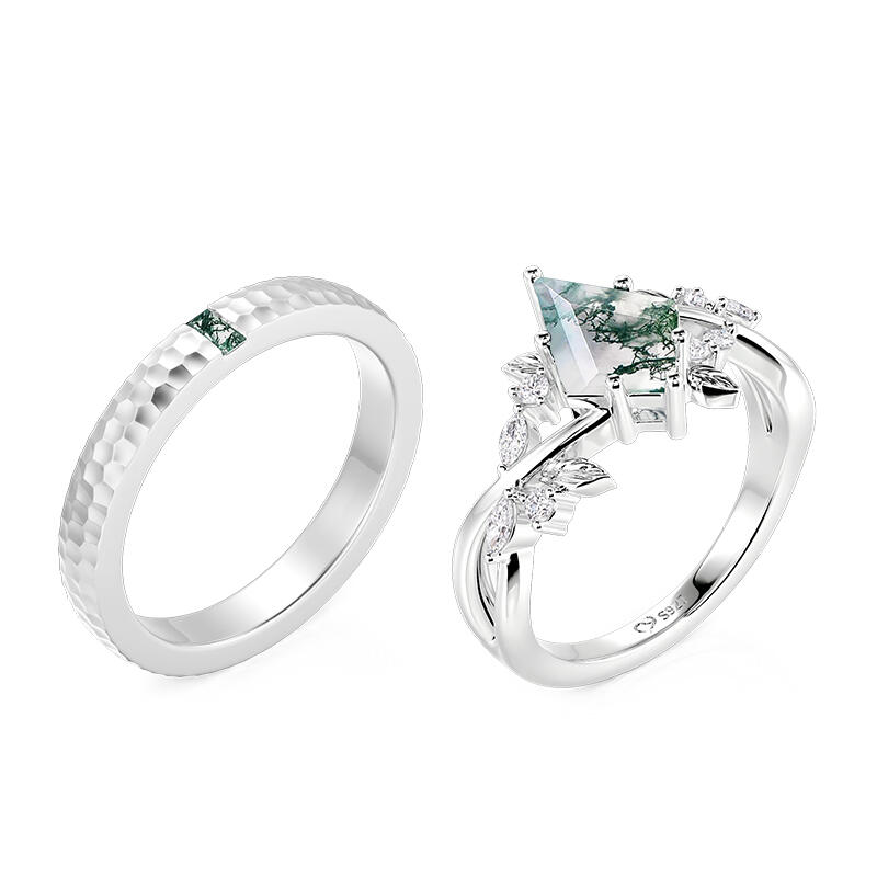 Jeulia Nature Inspired Moss Agate Couple Rings Set