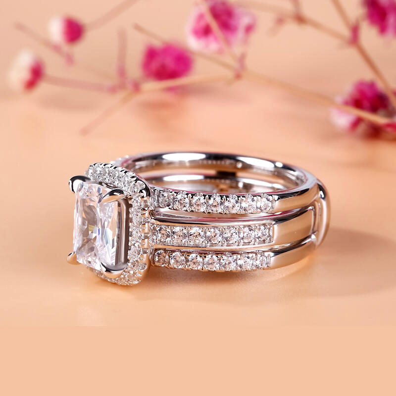 Jeulia Halo Radiant Cut Sterling Silver Enhancer Ring Set