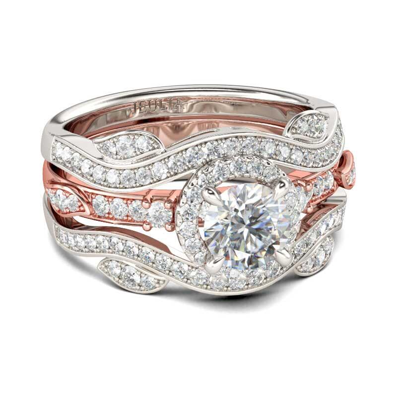 Jeulia Two Tone Round Cut Interchangeable Sterling Silver Ring Set