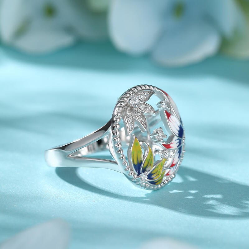 Jeulia "Peaceful" Flower Enamel Sterling Silver Ring