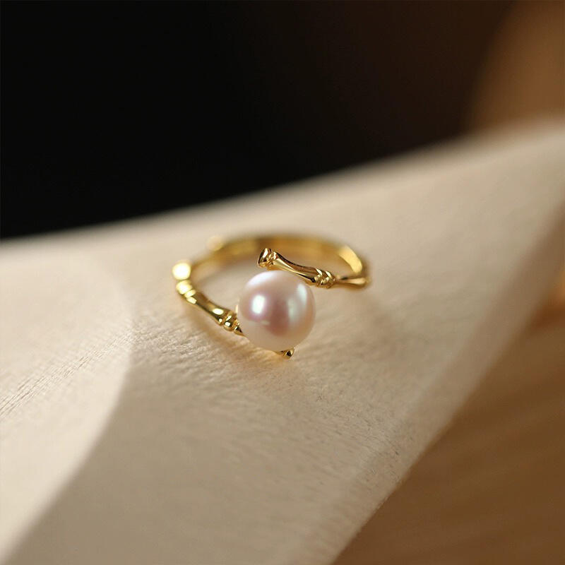 Jeulia Anillo Ajustable de Plata de Ley con Perlas y Diseño de Bambú