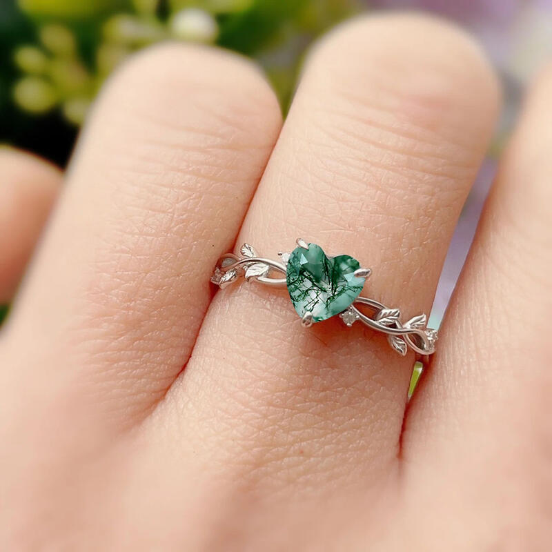 Jeulia Bague Cœur en Agate Mousse Inspirée par la Nature Classique