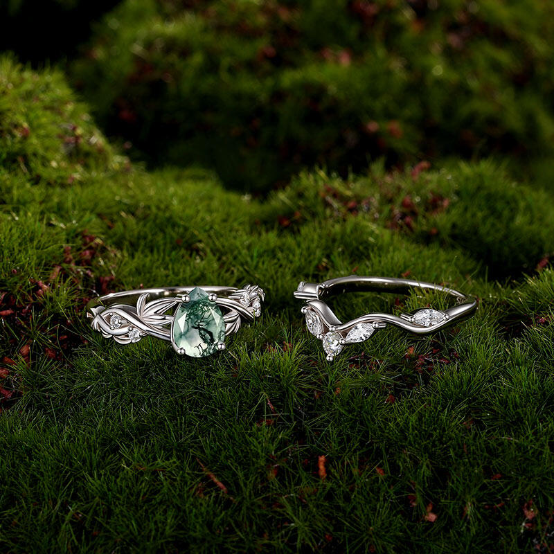 Jeulia Verflochtenes Blatt Birnenförmiger Moosachat Ringset