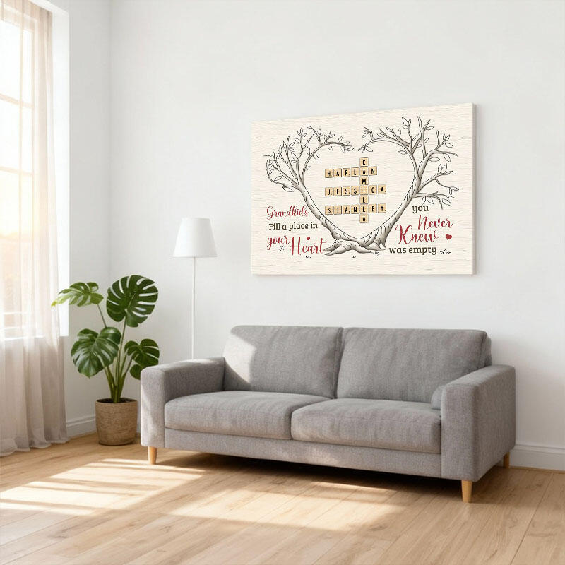 Personlig väggdekoration i canvas med namn och korsord samt träd Bästa presenten till mor- och farföräldrar
