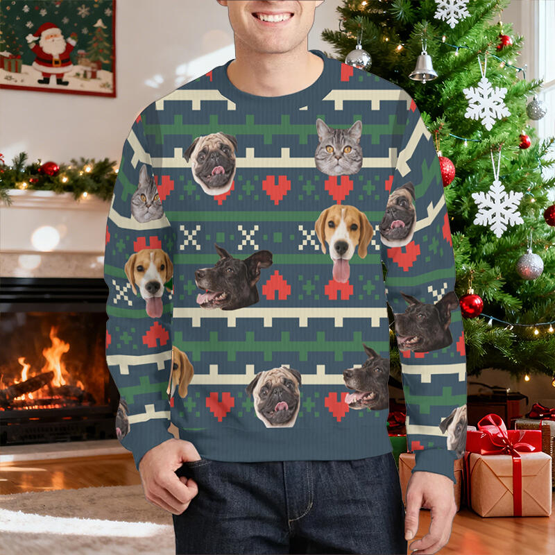 Pull moche personnalisé unisexe avec photo de la tête de votre animal de compagnie style festival cadeau de Noël pour les amoureux des animaux