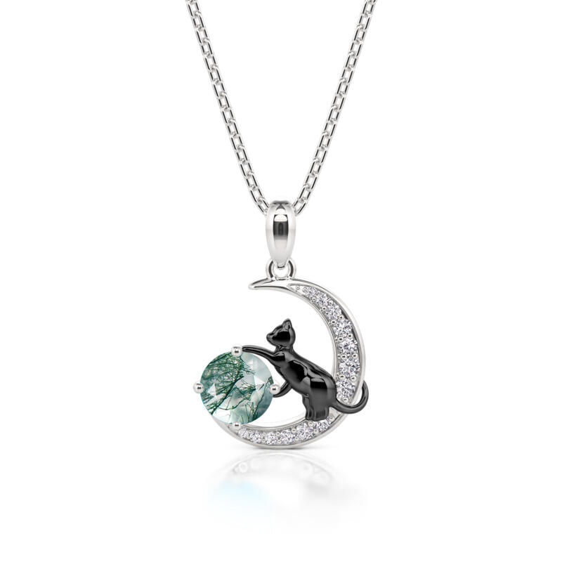 Jeulia "Black Cat on the Moon" Moss Agate Necklace