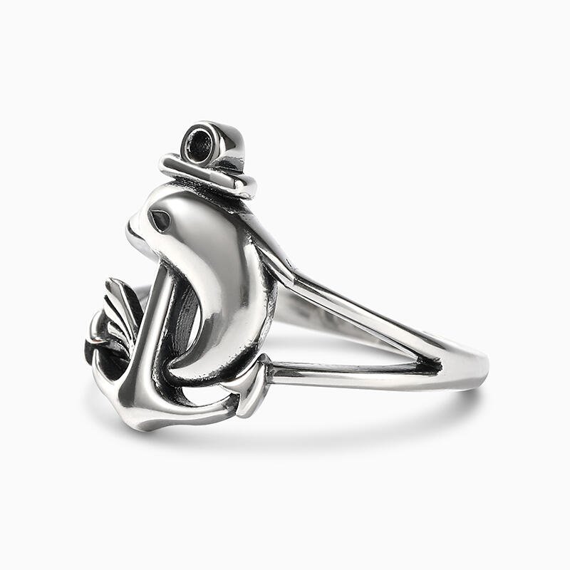 Jeulia Anillo de plata de ley con delfín y ancla