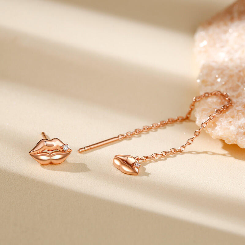 Jeulia "Kiss Me" Lips Rose Gold Tone Sterling Silver Mismatched Earrings