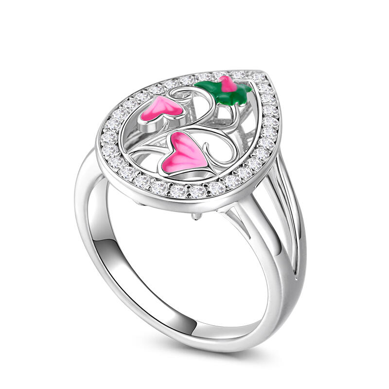 Jeulia Anillo para Mujer Grande de Plata Esmaltada Flor Rosa