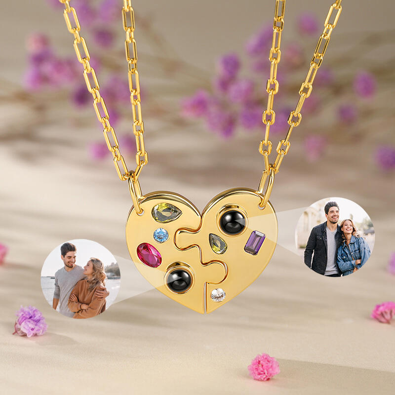 Jeulia Two Half Heart Puzzle Personalized Photo Projection Sterling Silver Necklace