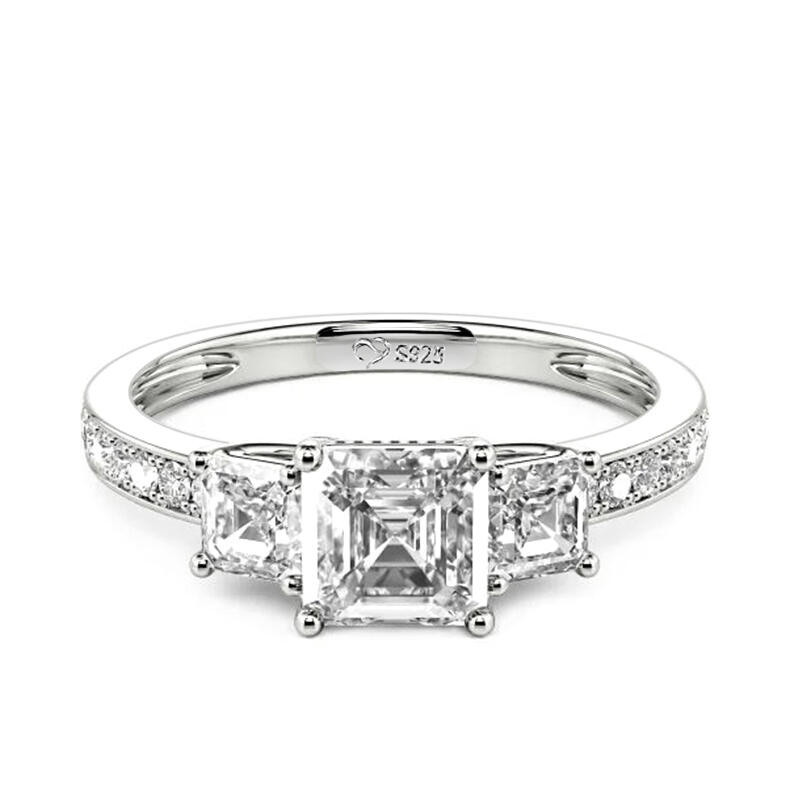 Jeulia Asscher Cut Three Stone Sterling Silver Engagement Ring