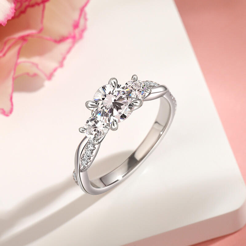 Jeulia Anillo Compromiso Tres Piedras Trenzado Corte Redondo Plata Esterlina