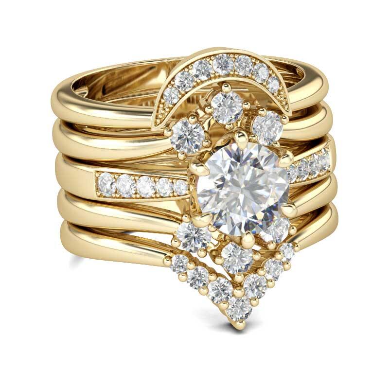 Jeulia Yellow Gold Tone 5PC Round Cut Sterling Silver Ring Set