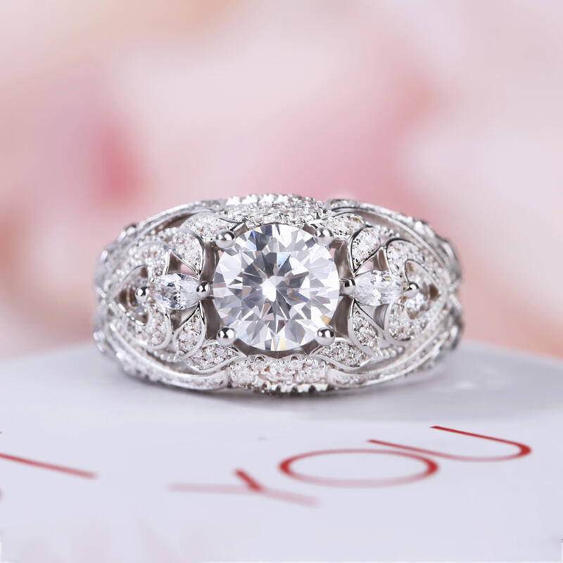 Jeulia Anel de prata esterlina corte redondo com design de renda vintage