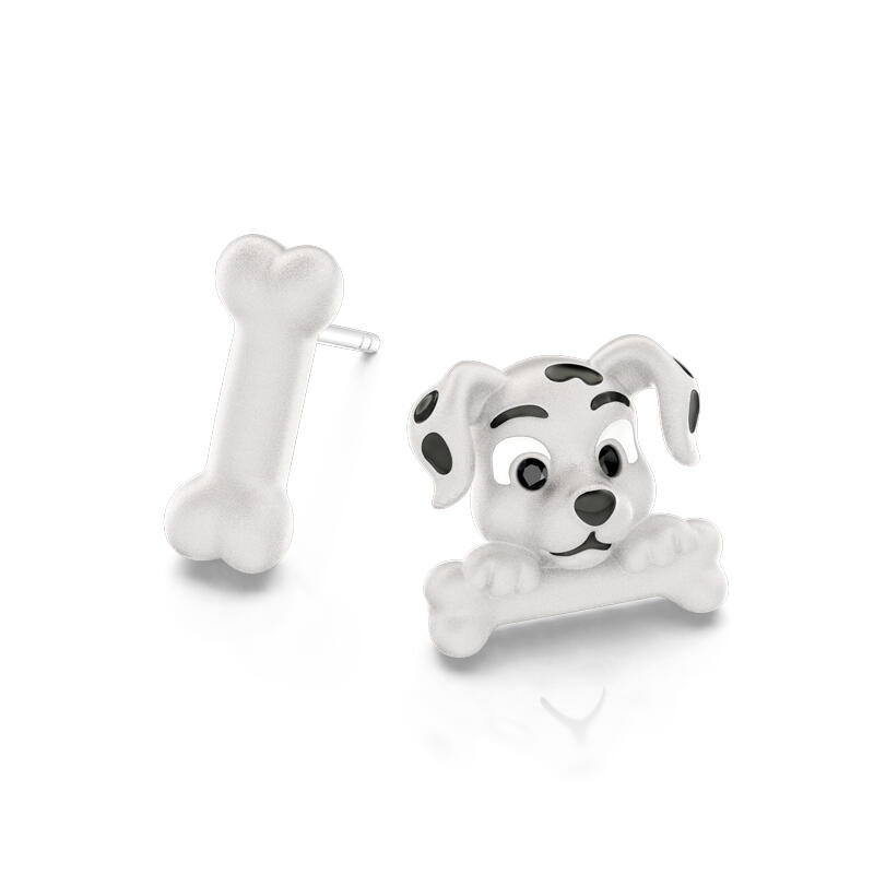 Jeulia Pendientes asimétricos de perrito manchado y hueso de plata de ley
