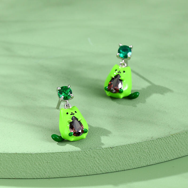 Jeulia Hug Me アボカドキャット エナメル スターリングシルバー イヤリング