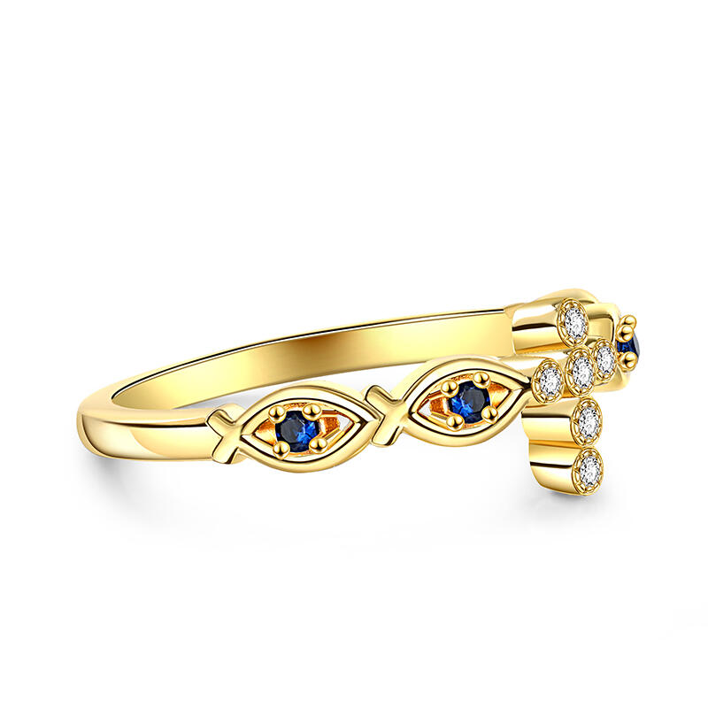 Jeulia Golden Fish & Cross Design Sterling Silver Ring