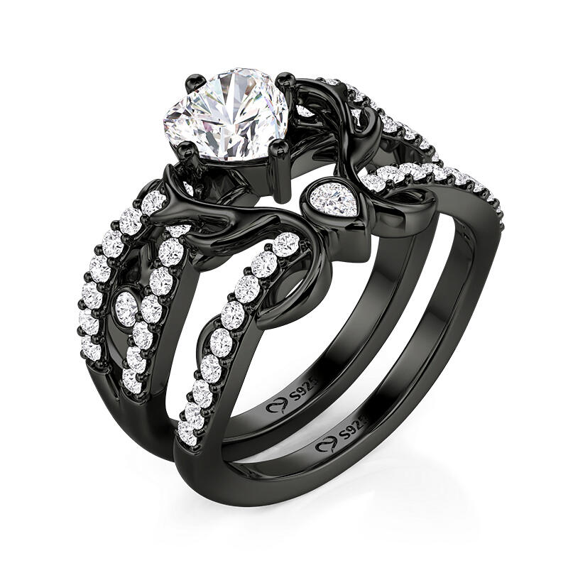 Jeulia Juego de 2 Anillos Corazón Espina Negro Gótico